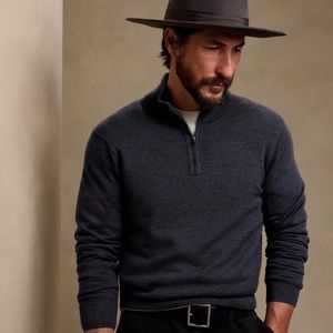 Men’s navy blue half zip pullover sweater, 100% wool. Medium.